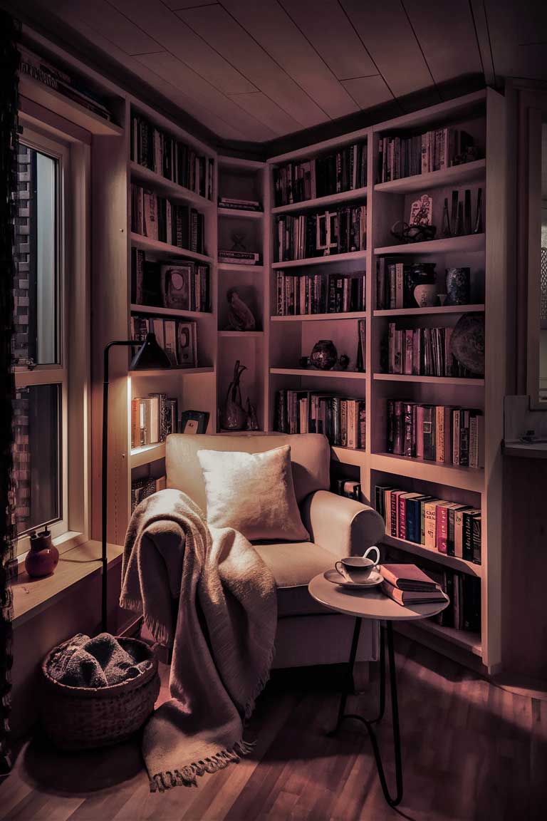 A corner of a tiny house living room transformed into a charming reading nook. A comfortable armchair with a soft throw blanket sits in the corner. A slim floor lamp arches over the chair, providing perfect reading light. A small side table holds a stack of books and a cup of tea. Built-in bookshelves surrounding the nook are filled with books and a few decorative objects. The space feels cozy and inviting, perfect for curling up with a good book.