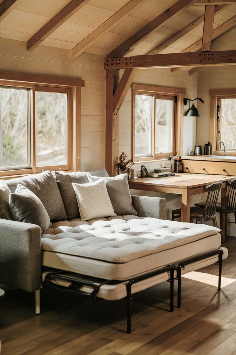 A tiny house interior with a sleek sofa that converts into a bed, accompanied by a wooden dining table that can be used as a desk.