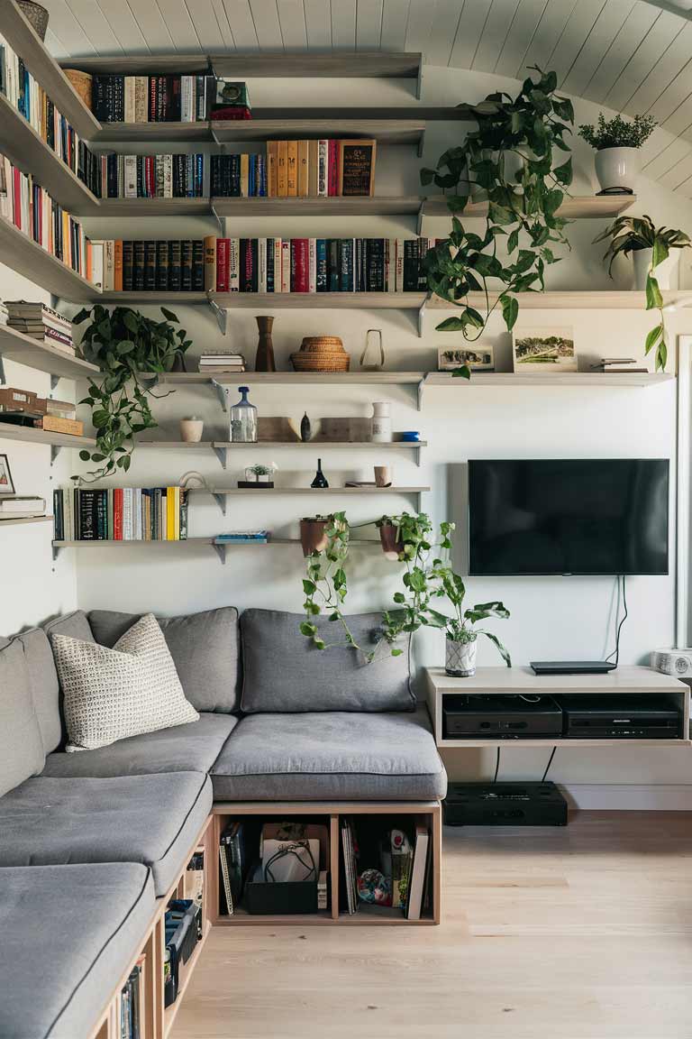 A tiny house living room showcasing clever storage solutions. Floating shelves of varying lengths adorn one wall, holding books, plants, and decorative items. A corner sofa maximizes seating space, with hidden storage compartments beneath the cushions. A wall-mounted TV frees up floor space, with a slim console beneath for media equipment. The room feels open and uncluttered despite its small size.