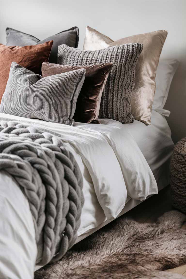 A close-up of a bed in a tiny house bedroom, showcasing layered textiles. The bed features crisp white sheets, a chunky knit throw in a soft gray, and several textured pillows in varying sizes and fabrics. A faux fur rug is visible on the floor next to the bed, adding another layer of texture to the space.