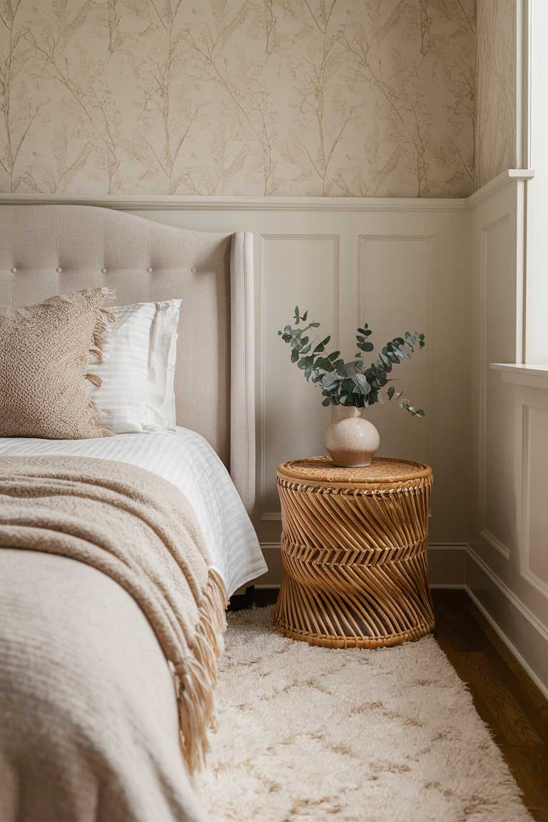 A cozy bedroom corner featuring a beige upholstered headboard against a warm ivory wall. A sandy-colored throw blanket is draped over the edge of the bed, and a woven rattan side table adds texture to the neutral scheme.