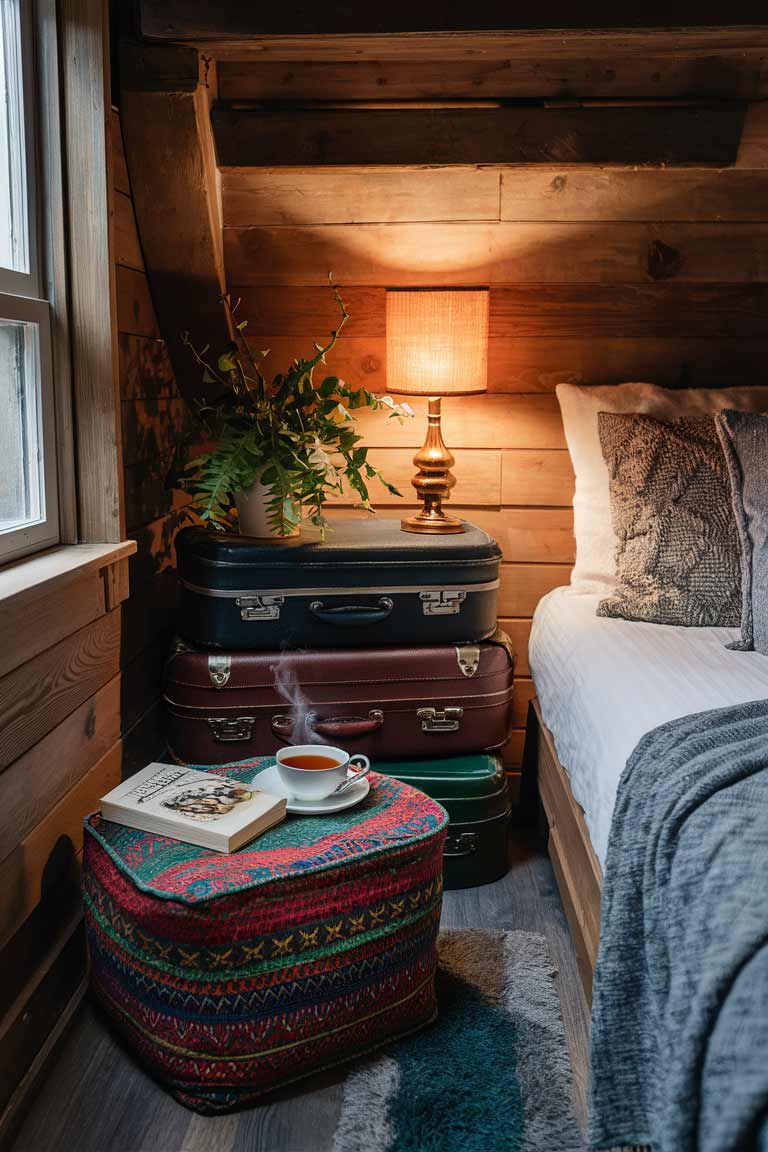 A corner of a tiny house bedroom showing a colorful storage ottoman at the foot of the bed, being used as a seat with a book and cup of tea on top. Next to the bed, a stack of three vintage suitcases serves as a unique nightstand, with a small lamp and plant on top.