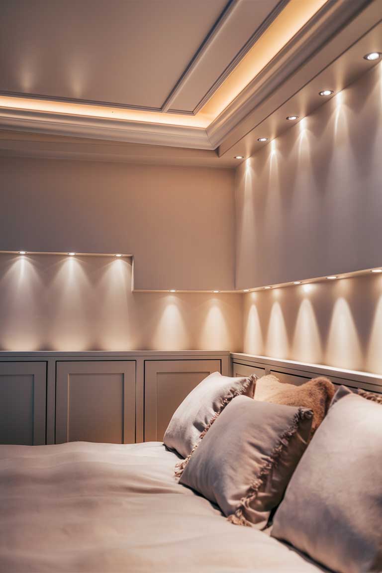 A bedroom ceiling with recessed lighting around the perimeter, casting a soft, even glow across the room. The lights are dimmable, allowing for customizable ambiance.