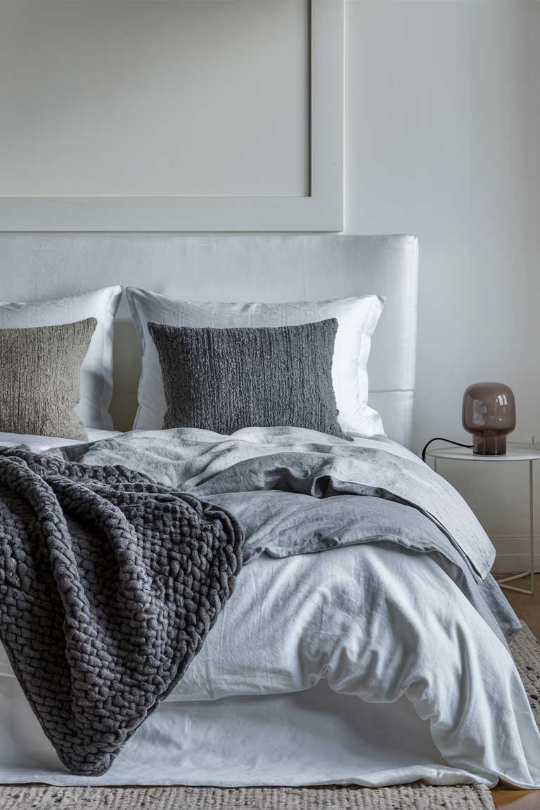 A close-up of a bed dressed in crisp white sheets and a light grey duvet. A chunky knit throw in charcoal grey is draped across the foot of the bed, and two textured pillows in varying shades of grey add visual interest.