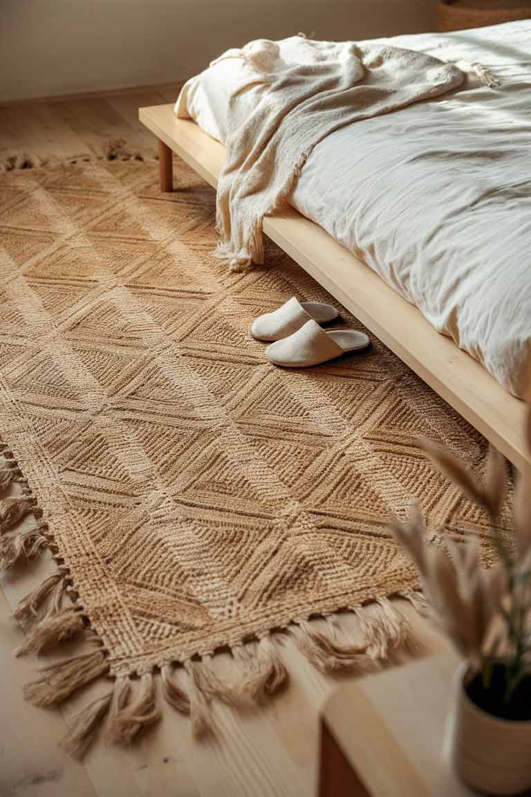 A corner of a bedroom showing a large jute rug with a subtle geometric pattern. The rug extends from under a low wooden bed, its natural tones complementing the light wood flooring. A pair of minimalist slippers sits at the edge of the rug, emphasizing its texture.