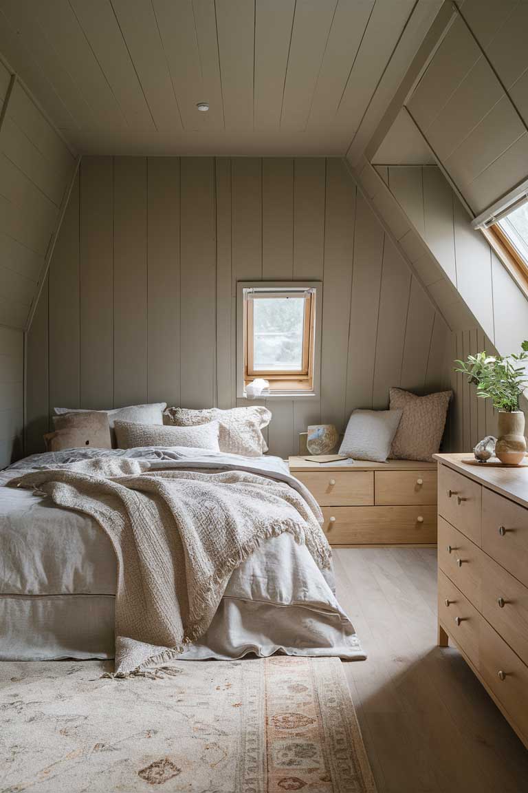 A small bedroom with walls painted in a soft taupe, complemented by bedding in shades of beige and cream. Light wood accents in the furniture add to the warm, neutral palette.