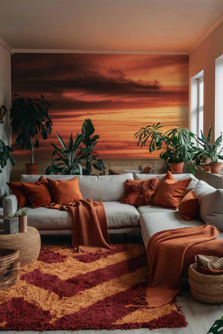 A small living room with a sunset-inspired color palette.It shows neutral sofa with burnt orange and deep red throw pillows and blankets. Includes a large, shaggy rug in a complementary color, and add some potted plants. The lighting is warm, mimicking the glow of a sunset.