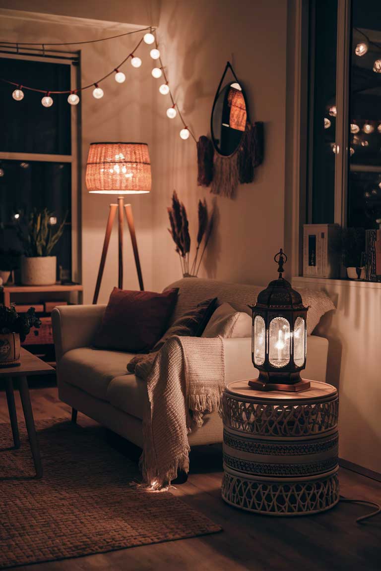 A nighttime shot of a small boho style living room focusing on the lighting. There are string lights creating a warm glow, a floor lamp with a rattan shade, and a Moroccan-inspired lantern on a side table. The overall effect is cozy and inviting.