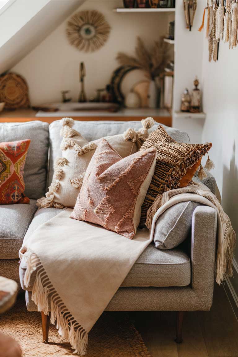 A close-up of a sofa in a tiny house boho living room, with some throw pillows in various patterns and sizes. It includes a fringed throw blanket draped over one arm. The overall look is cozy and inviting.