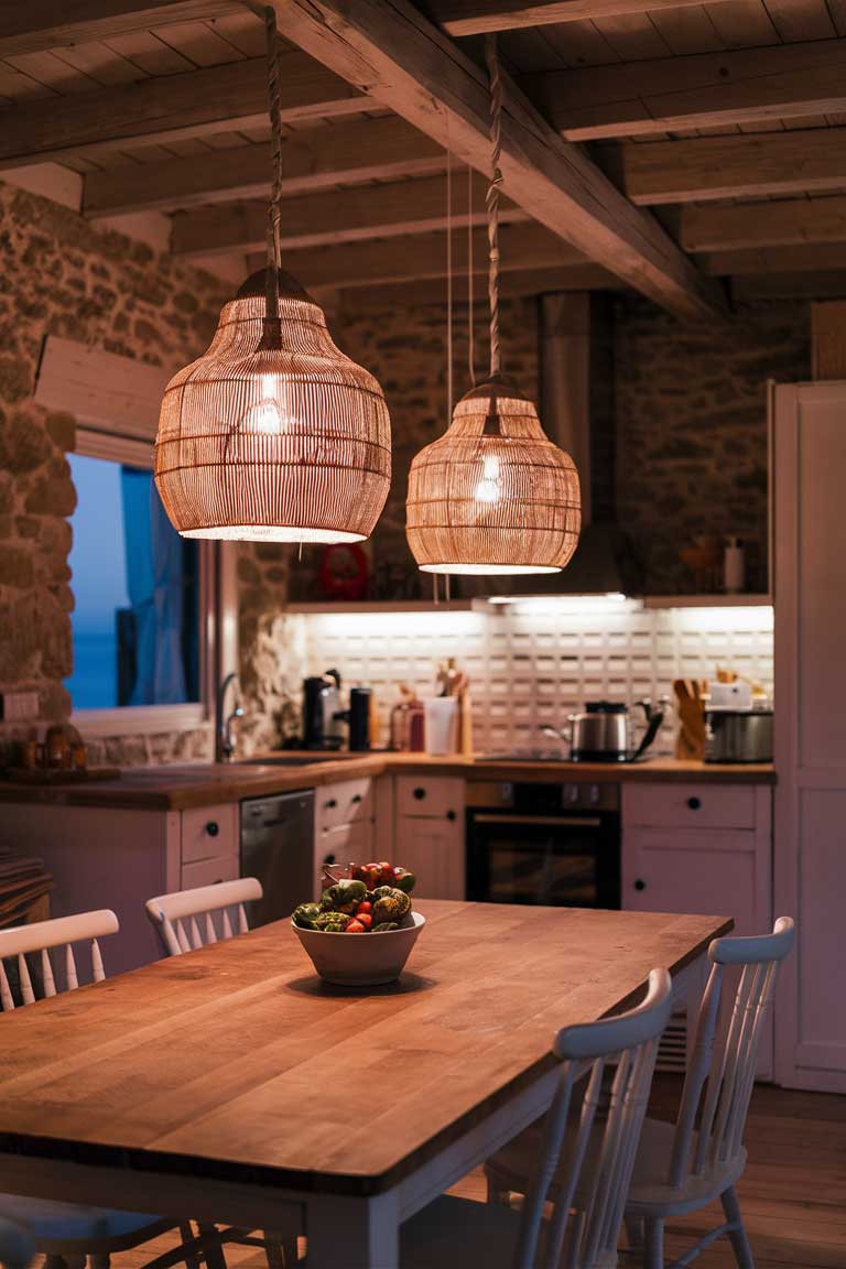 A tiny house kitchen with a pair of woven pendant lights hovering over a wooden dining table, casting a warm glow over the space.