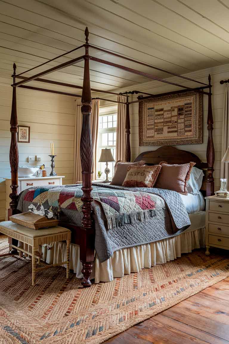 A small colonial master bedroom with a four-poster bed as the centerpiece. The bed is dressed with a patchwork quilt and piled with pillows in muted, complementary patterns. A small chest of drawers stands against one wall, topped with a pewter candlestick and a porcelain wash basin. A braided rug in soft colors covers the wooden floor. The walls are painted a warm, creamy color, and a sampler hangs above the bed. A window with simple linen curtains lets in soft light.