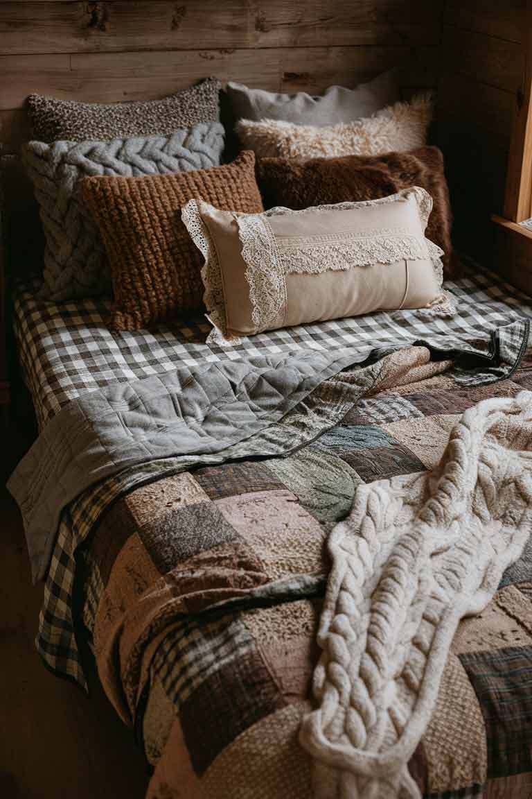 A rustic tiny house bed dressed in layers of cozy textiles. The base is a patchwork quilt in earthy tones, topped with a plaid flannel sheet folded back. Several pillows in various textures - including a chunky knit and a faux fur - are arranged at the head of the bed. A vintage lace-trimmed pillowcase adds a delicate touch, while a thick cable-knit throw in cream is draped across the foot of the bed