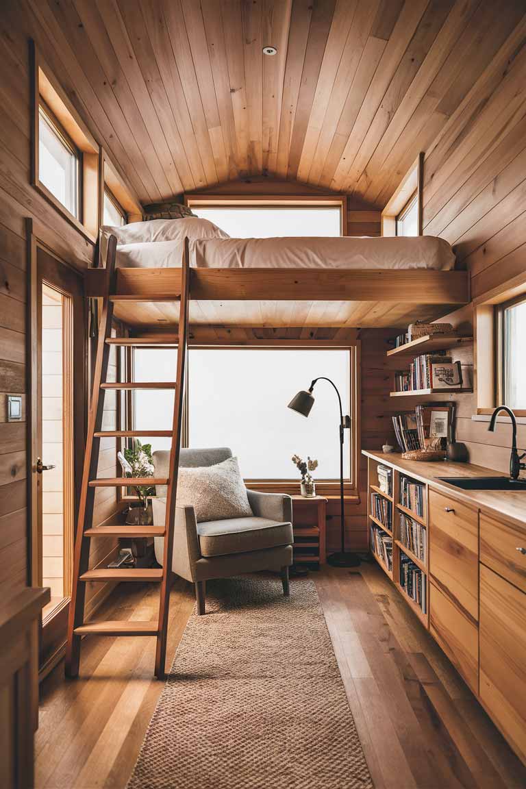 An interior shot of a tiny house bedroom with a lofted bed. The bed is accessed by a small ladder, and underneath is a cozy reading nook with a small armchair, floor lamp, and bookshelf. The space uses warm, natural wood tones and has a large window letting in plenty of natural light.