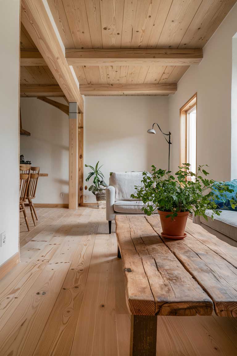 Close-up shot of a living room corner showcasing light wooden flooring, a reclaimed wood coffee table, and exposed wooden ceiling beams. The furniture is minimal, with a simple linen armchair in the corner. A potted plant sits on the coffee table, adding a touch of green to the warm, wooden tones.