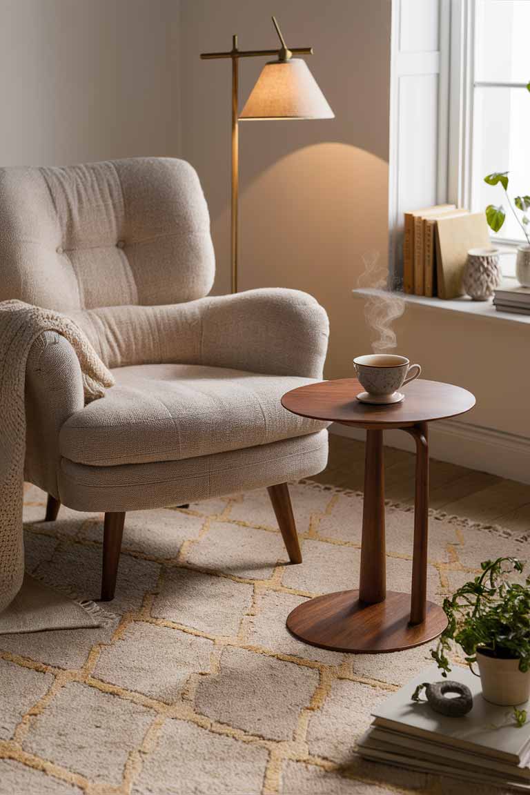 A plush, beige fabric armchair with a slightly tufted backrest and rounded arms is positioned next to a wooden side table with a rich, walnut finish. On the table sits a steaming cup of tea in a delicate ceramic mug with a subtle pattern. A soft, textured rug in shades of beige and cream, with a subtle geometric design, covers the floor, adding warmth and comfort. Nearby, a minimalist floor lamp with a brass finish and a linen shade casts a warm amber glow, creating a soft, inviting ambiance. A small, knitted throw blanket drapes over the chair, and a few decorative books are stacked on the table, with a tiny potted plant adding a touch of greenery. The overall scene is enhanced by the gentle play of light and shadow, inviting you to settle in and enjoy a peaceful reading session.