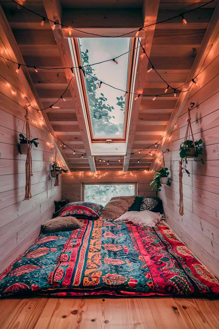 A loft bedroom in a tiny house with a low mattress on the floor, dressed in colorful boho bedding. String lights are draped along the sloped ceiling, and several small plants hang from macramé holders attached to the beams. A small skylight above floods the space with natural light.