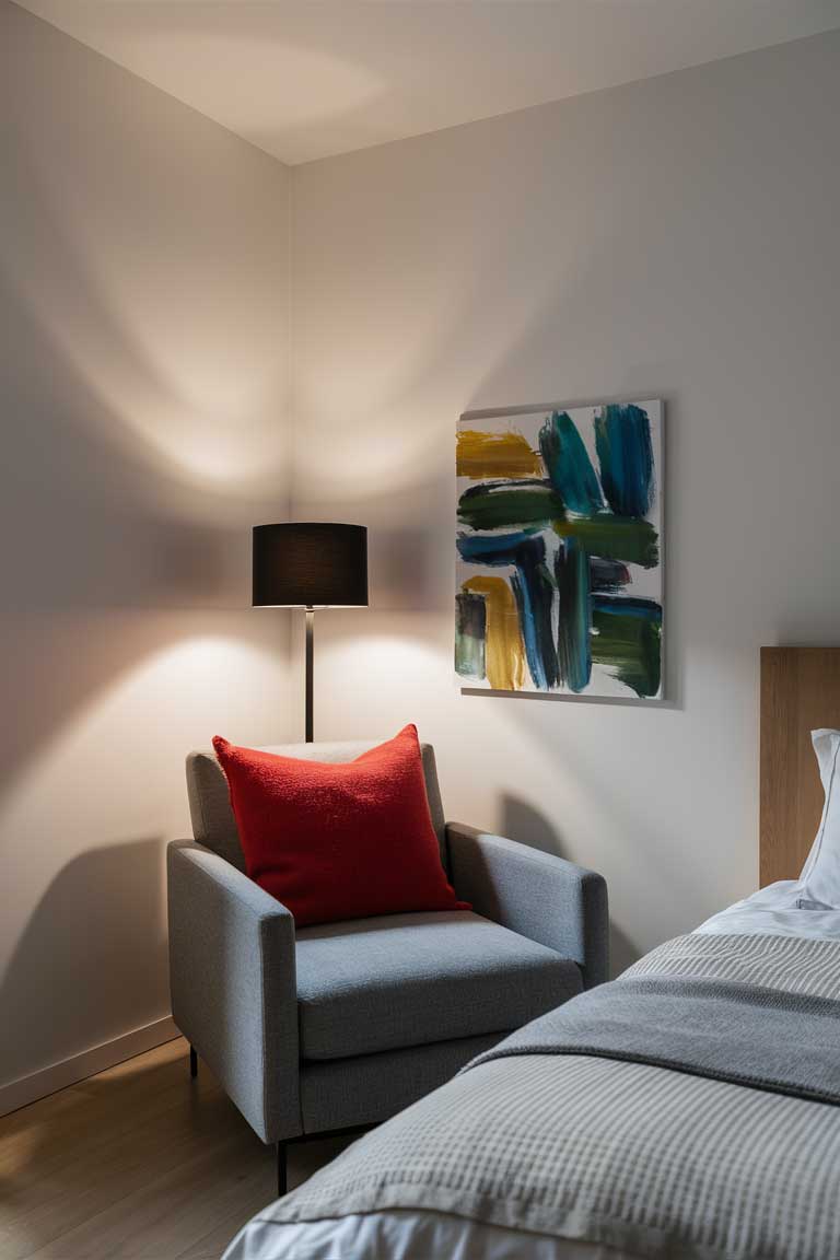 A low-profile platform bed made of dark wood, with no headboard. The bed is dressed in crisp white linens and a light grey duvet, set against a stark white wall.