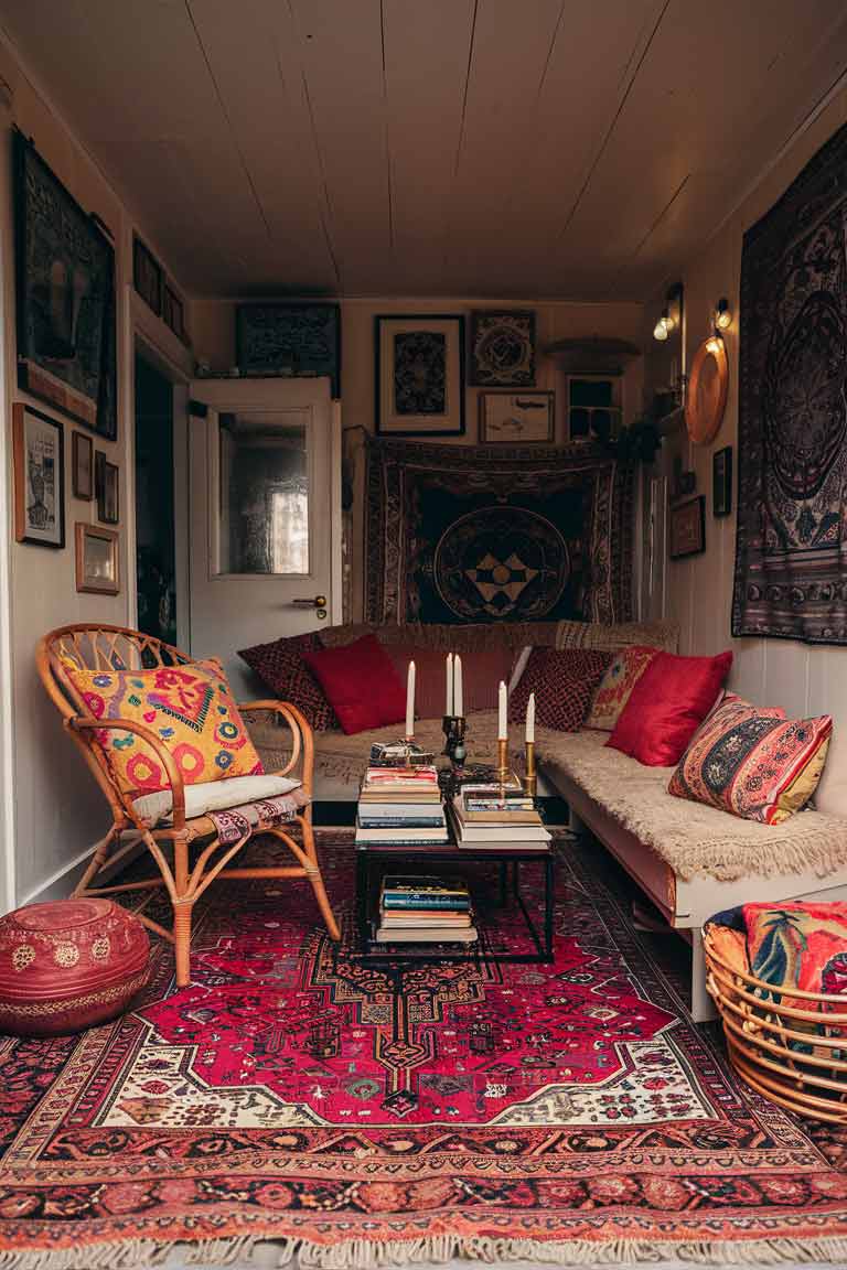 A small living room with a vintage bohemian theme. Feature a large Persian rug, a rattan chair with colorful cushions, a low wooden coffee table with books and candles, and a wall filled with eclectic framed art and tapestries. The lighting is soft and warm, creating a cozy atmosphere.