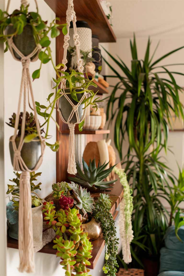 A corner of a tiny house living room showcasing various plants. It includes hanging plants in macramé holders, a group of succulents on a shelf, and a larger floor plant. The greenery contrasts beautifully with the boho decor elements.