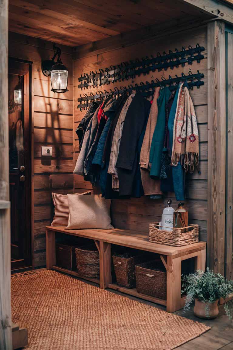 A rustic tiny house entryway featuring a wooden bench, a wall-mounted coat rack made from railroad spikes, a woven rug on the floor, a vintage lantern, and a small potted plant.