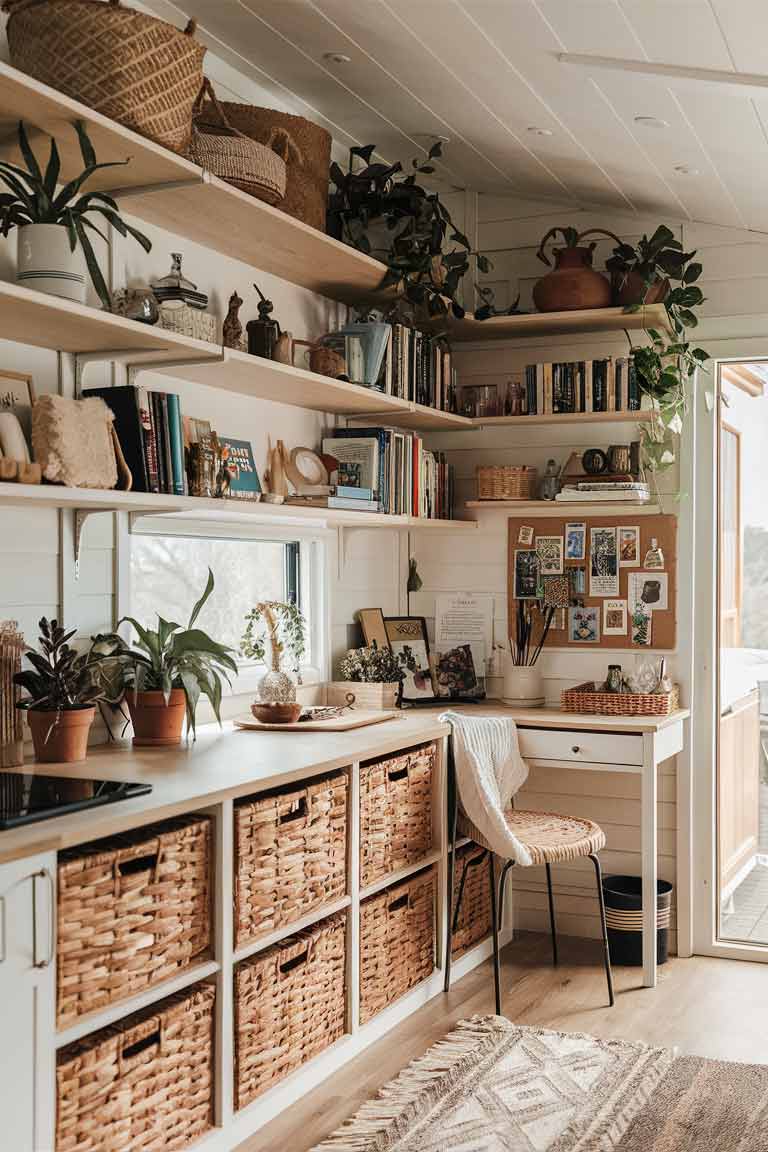 A tidy, well-organized tiny house interior with boho elements. Open shelving displays a curated collection of decorative items and books. Woven baskets on the shelves and under furniture provide hidden storage. The space feels lived-in and personal, with an array of textures and patterns, but not cluttered. A small desk area shows an organized workspace with a pin board for rotating inspirational items.