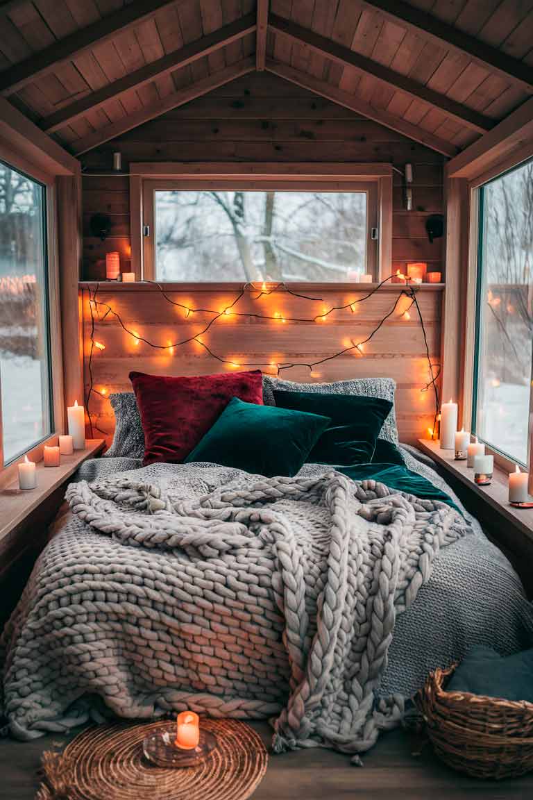 A cozy tiny house bedroom in winter, with a bed piled high with a chunky knit blanket and velvet pillows in deep red and forest green. Warm string lights are draped across the headboard, and several candles flicker on the bedside table, creating a warm and inviting atmosphere.