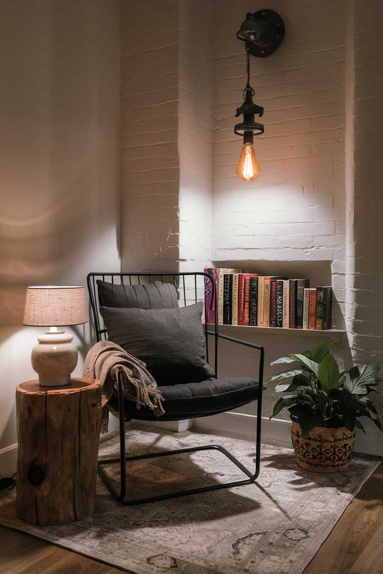 A cozy reading nook featuring a sleek metal-framed chair in black, adorned with a plush, dark gray cushion. The chair is angled slightly to create an inviting corner. Adjacent to the chair, a small reclaimed wood side table with a rustic, weathered finish adds warmth. On the table, place a vintage ceramic lamp with a soft, fabric lampshade casting a gentle glow. A stack of well-loved books and a delicate, hand-woven throw blanket in muted earth tones are casually draped over the chair. The nook is set against matte white exposed brick walls, adding a clean yet textured backdrop. An industrial-style pendant light with a warm amber bulb hangs above, providing focused and cozy lighting. Add a lush potted plant in a decorative basket in the corner for a touch of greenery and freshness. Soft, patterned area rug under the chair and side table adds a layer of comfort and defines the space.