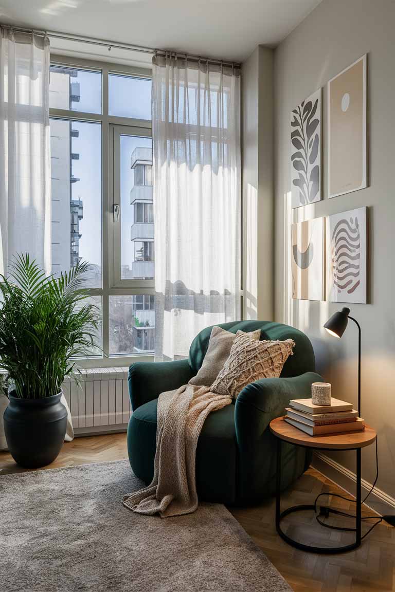 A cozy reading nook in a city apartment features a floor-to-ceiling window with sheer white curtains gently diffusing the natural light. In front of the window, place a plush, deep green velvet armchair with rounded edges for added comfort. Add a soft, knitted throw blanket draped over one side of the chair and a pair of decorative pillows with subtle patterns for extra coziness. Next to the chair, a sleek, black metal side table with a warm wood top holds a small, stylish lamp with a soft glow, a stack of well-loved books, and a fragrant candle. In the corner, position a tall, lush potted plant with cascading greenery in a matte black ceramic pot to introduce a touch of nature. Enhance the space with a plush area rug in a neutral tone to anchor the area and a few framed art prints on the wall above the chair, featuring calming, abstract designs.