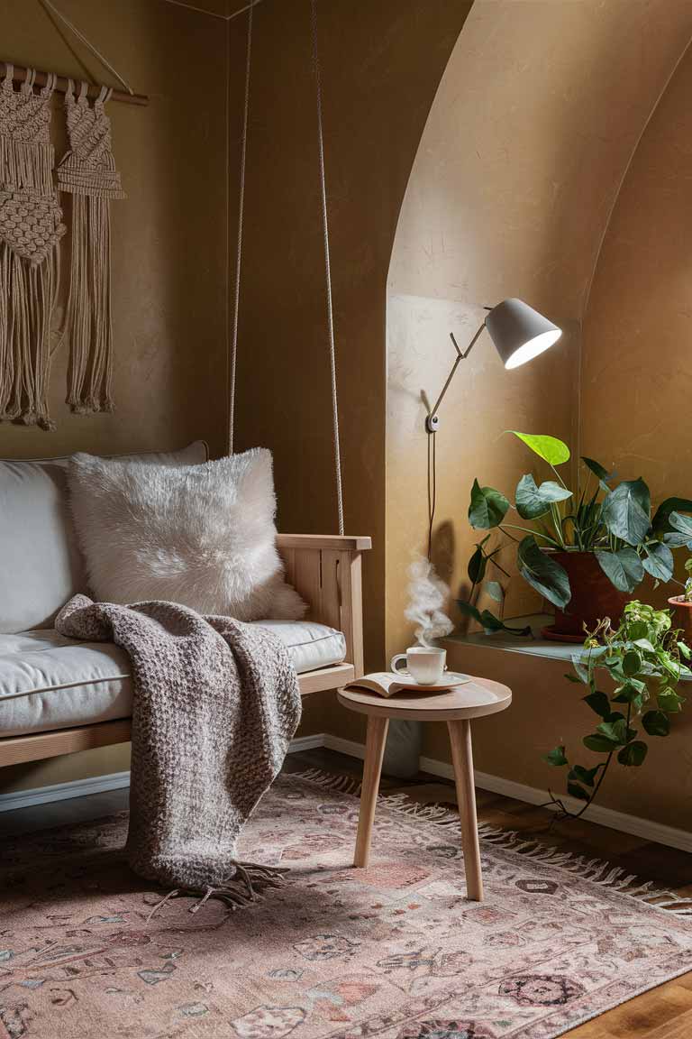 A reading nook with a wooden swing hanging from the ceiling by two ropes. Next to the swing is a small round side table. A soft textured rug in neutral tones covers the floor beneath the swing. The walls are a warm beige color, and a sleek floor lamp stands nearby. A few plants in simple pots are arranged in the corner, adding a touch of nature to the space.