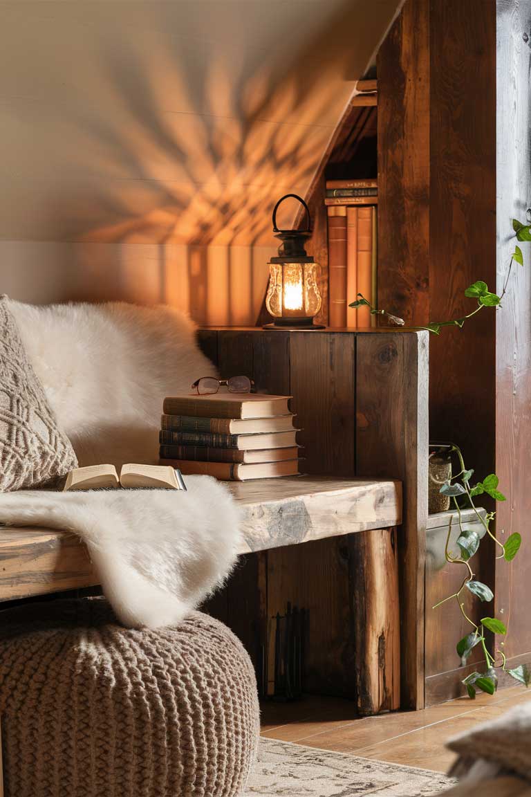 A cozy reading nook features a reclaimed wood bench adorned with a soft, white sheepskin throw draped casually over one side. Nestled in the nook is a stack of vintage books with a pair of reading glasses resting on top. A simple, white-framed window, dressed with light linen curtains, allows gentle, natural light to illuminate the space. At one end of the bench, a small lantern-style lamp with a warm, amber glow sits on a stack of old books. A plush, knitted pouf in a muted, earthy tone is placed nearby for additional comfort. The walls are painted in a warm, neutral color with a subtle texture, complementing the rich, natural wood tones of the bench and the soft, cozy textures of the throw and pouf. A small, potted plant with trailing vines adds a touch of greenery and life to the nook.