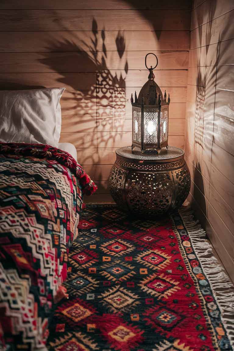 A tiny house bedroom floor covered with a vibrant Moroccan rug featuring intricate geometric patterns in rich colors. In the corner, an ornate metalwork side table holds a Moroccan-style lantern, casting intricate shadows on the nearby wall.