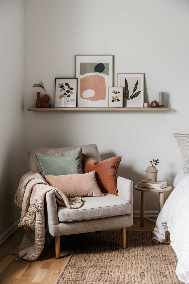 A corner of a bedroom showing a simple armchair with a selection of throw pillows in muted, earthy tones. On the wall above, a slim picture ledge holds a framed print that could easily be swapped out. These elements suggest the ability to change the room's accent colors with the seasons while maintaining the overall japandi style.