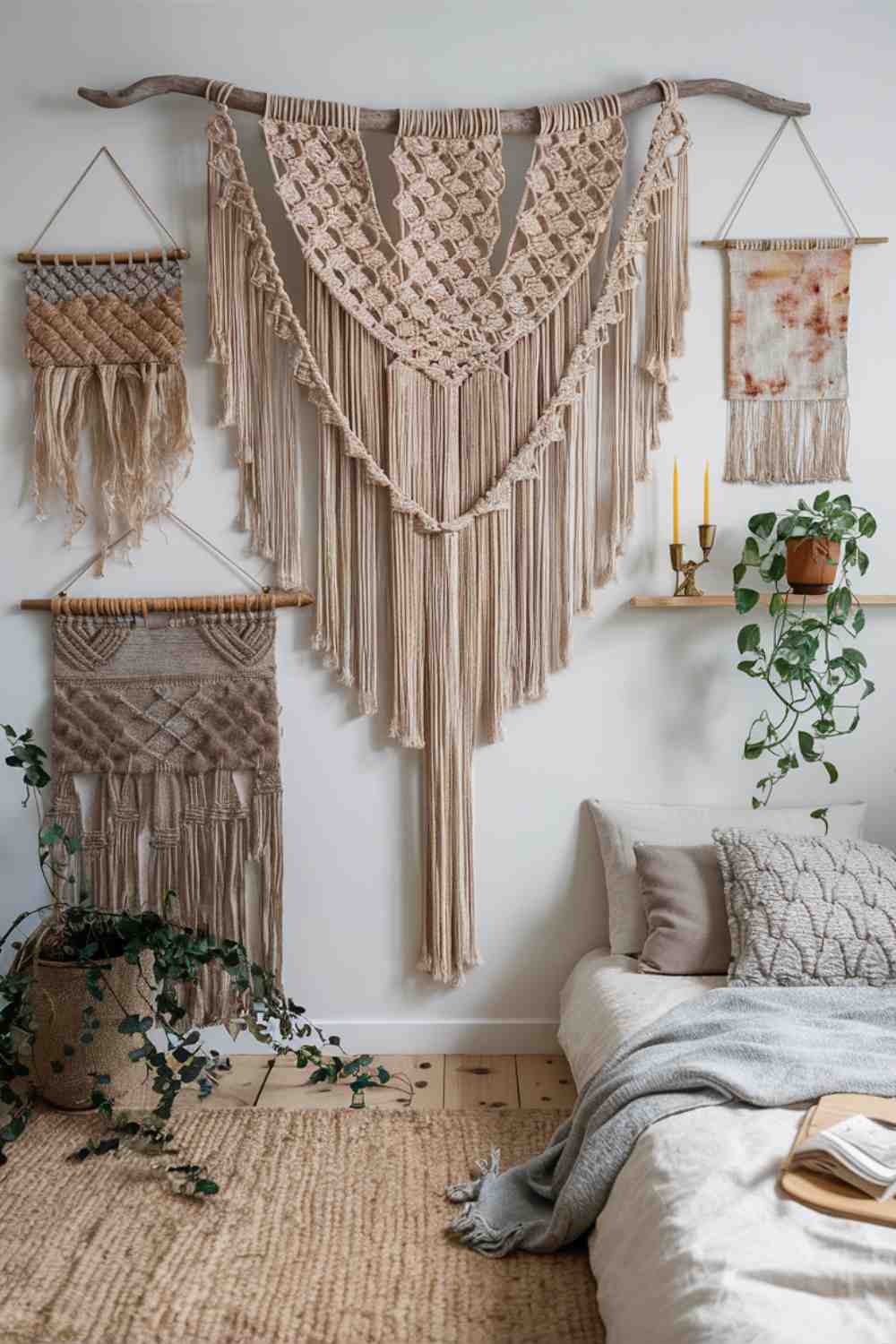 A minimalist boho bedroom wall featuring textile art. The focal point is a large macramé wall hanging with an intricate geometric pattern. To its right is a smaller, simple woven tapestry in muted earth tones. On the left, a fabric wall hanging with a subtle, hand-dyed pattern adds a touch of soft color. These textile pieces add texture and interest to the plain white wall without overwhelming the space.