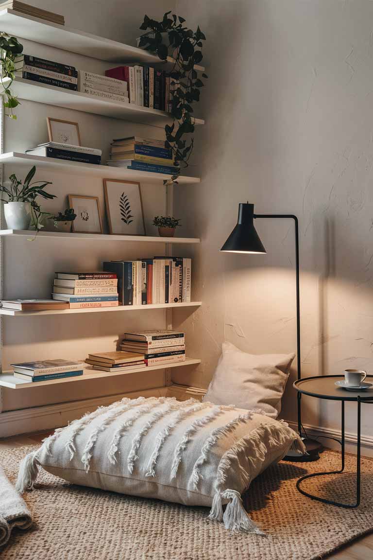 A cozy minimalist reading nook featuring a wall-mounted floating shelf adorned with a carefully curated selection of books and a fewdecorative items like small potted plants and framed prints. Below the shelf, place a plush, textured white floor cushion with a subtle pattern, inviting relaxation. Adjacent to the cushion, a sleek black floor lamp with a slim profile provides warm, diffused light. The backdrop is a soft, pale gray wall with a subtle texture, enhancing the serene atmosphere. Add a woven rug in a neutral tone under the cushion to anchor the space and a soft throw blanket draped over the floor cushion to enhance the cozy feel. A small side table with a minimalist design could also be included to hold a cup of tea or coffee.