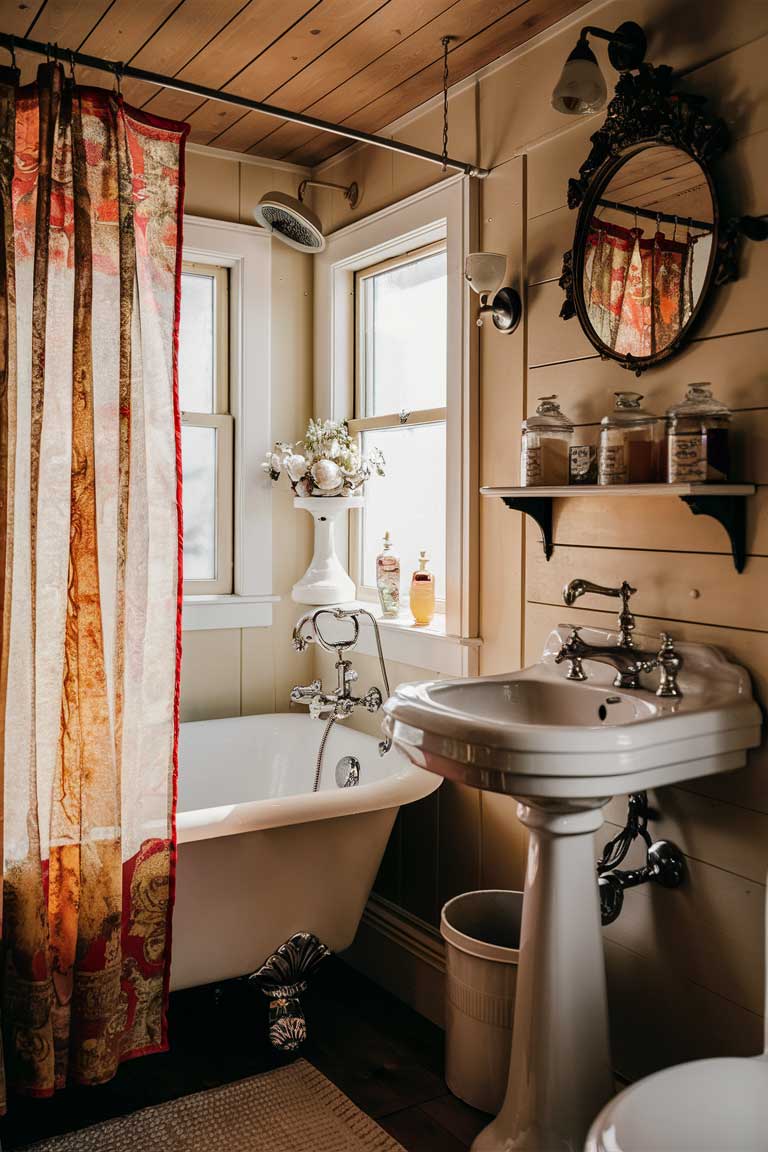 A tiny house bathroom featuring a small clawfoot tub with a vintage-print shower curtain. Above a pedestal sink, an ornate antique mirror hangs on the wall. On a small shelf, vintage apothecary jars hold toiletries.