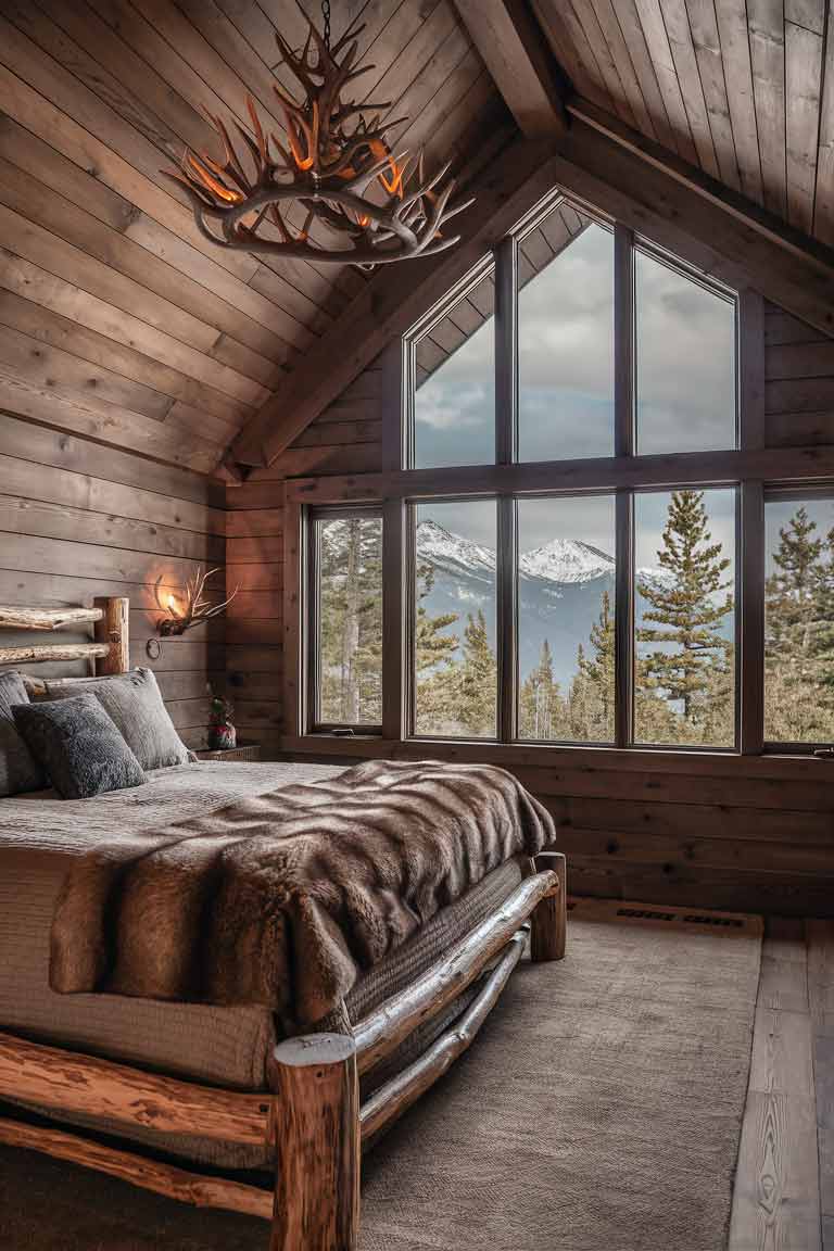 A tiny house bedroom in mountain lodge style with pine-paneled walls and ceiling. A large window dominates one wall, offering a view of snow-capped mountains and pine trees. The bed features a chunky wooden frame with a faux fur throw, and antler sconces flank a stunning antler chandelier hanging from the peaked ceiling.