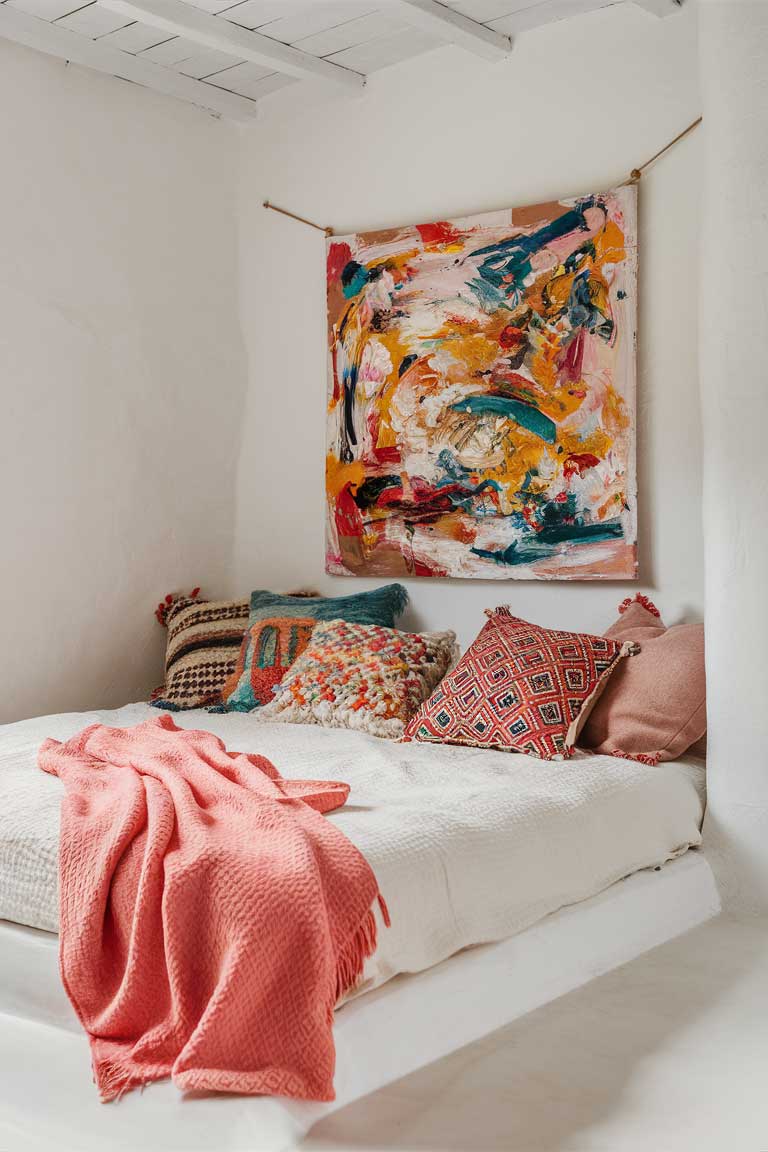 A tiny house bedroom with white walls and bedding featuring a bright pink throw blanket and several colorful cushions on the bed. A large, abstract painting with vibrant colors hangs above the bed, demonstrating how pops of color can enliven a neutral base.