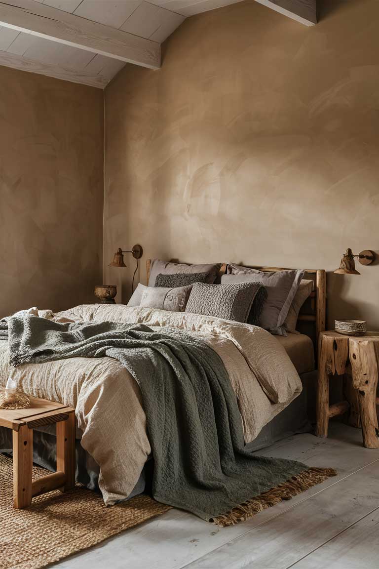 A rustic minimalist bedroom designed to evoke warmth and coziness. The walls are painted in a soft, warm taupe that complements the bedding, which features layers of beige, soft gray, and a muted green throw blanket for a touch of subtle color. The bed, adorned with textured linens and a plush duvet, enhances the inviting atmosphere. Wooden furniture, including a rustic bed frame and nightstands with natural grain, adds a rich, warm contrast to the muted color palette. The floor features a light, distressed wood finish with a woven jute rug providing additional texture and comfort. Soft, ambient lighting from a vintage-style bedside lamp casts a gentle glow, enhancing the room's serene and inviting ambiance.