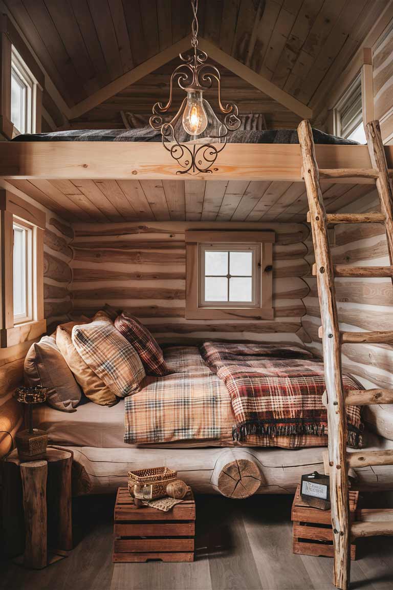 A rustic tiny house bedroom featuring a handcrafted log bed frame. The bed is dressed in cozy plaid bedding and is flanked by small wooden crates used as nightstands. A wrought iron pendant light hangs above, and a reclaimed wood ladder leads to a small loft space.