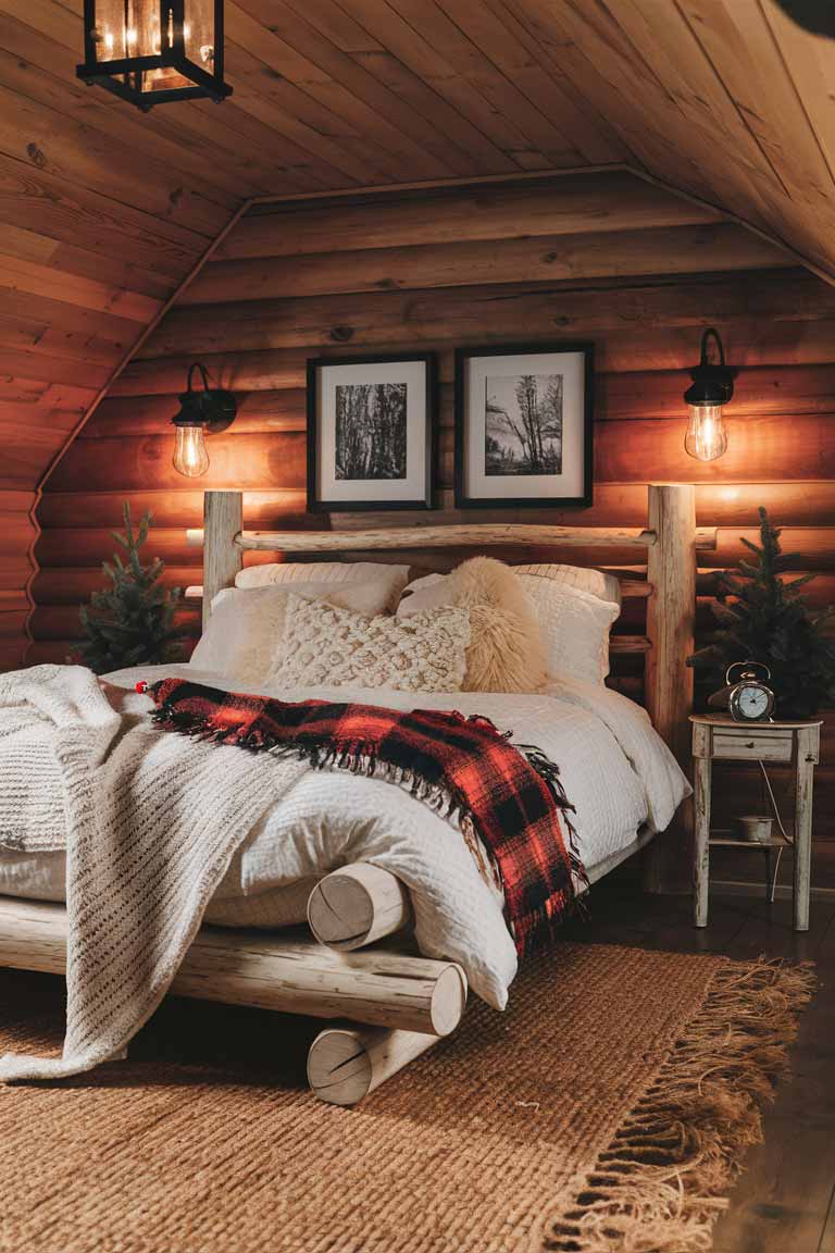 A rustic bedroom with a log bed frame as the centerpiece. The bed is dressed with white linens and topped with a red and black plaid wool blanket. A lantern-style light fixture hangs from the ceiling, casting a warm glow over the room. The walls are clad in natural wood paneling, enhancing the cabin-like feel.