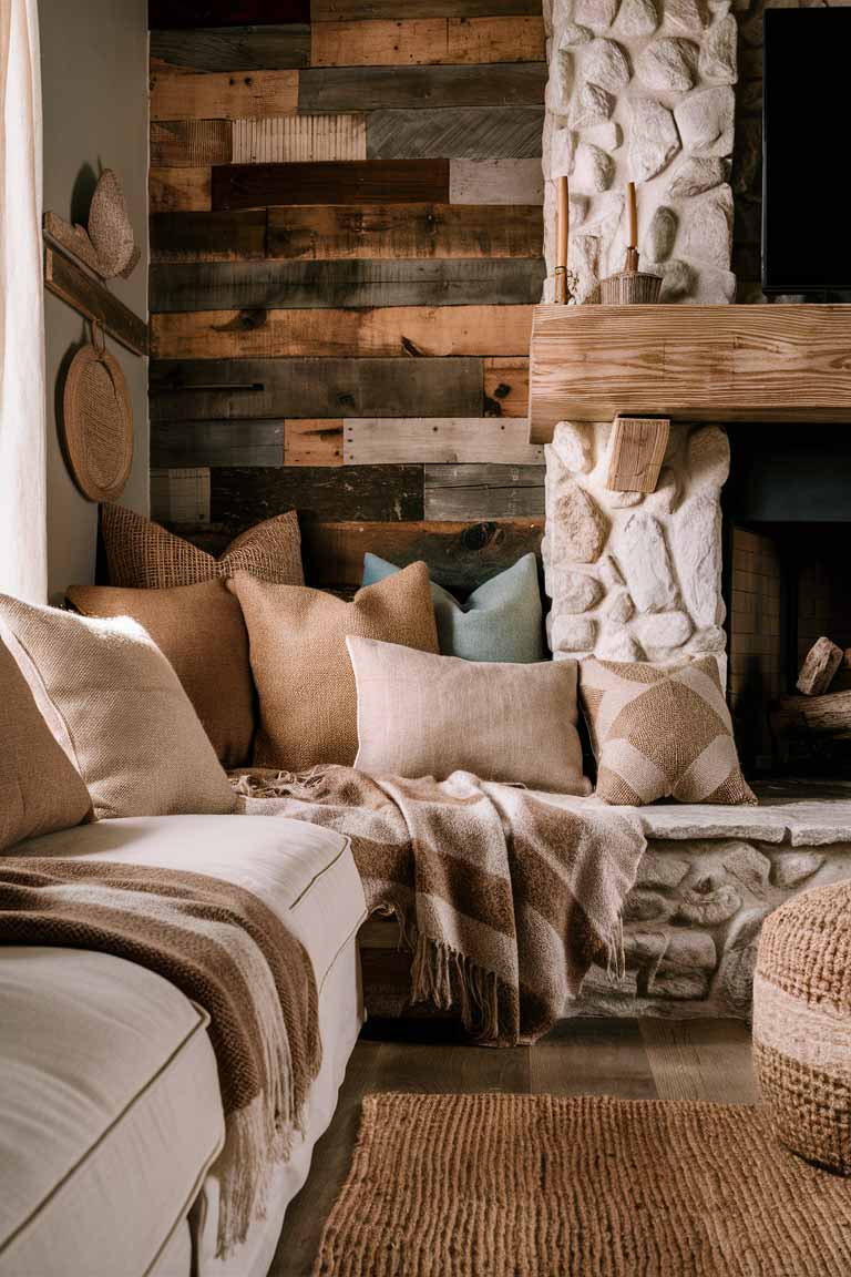 A close-up view of a rustic tiny living room corner showcasing various natural materials. The image features a reclaimed wood wall, a stone fireplace, and a variety of textiles including a wool throw blanket, burlap pillows, and a jute rug. The textures and warm, earthy colors are highlighted by soft, natural lighting.