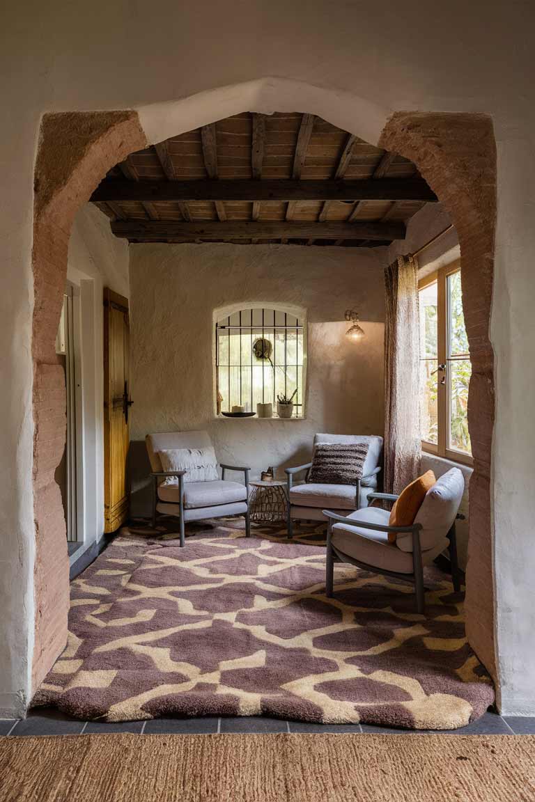 A rustic tiny living room floor featuring a large, plush wool rug in earthy tones and a subtle pattern. The rug is placed under a small seating arrangement, defining the space. In the background, a smaller jute rug is visible near the entrance, showcasing how different rug textures can be combined in a rustic interior.