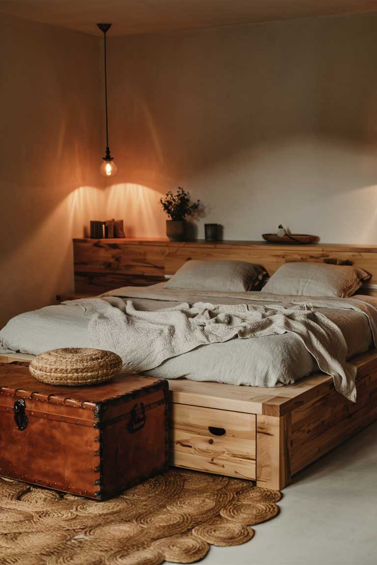 A rustic minimalist bedroom featuring a wooden bed with built-in drawers in the base. At the foot of the bed, a vintage leather trunk serves as both storage and seating. The room looks tidy and uncluttered, with all necessities neatly tucked away.