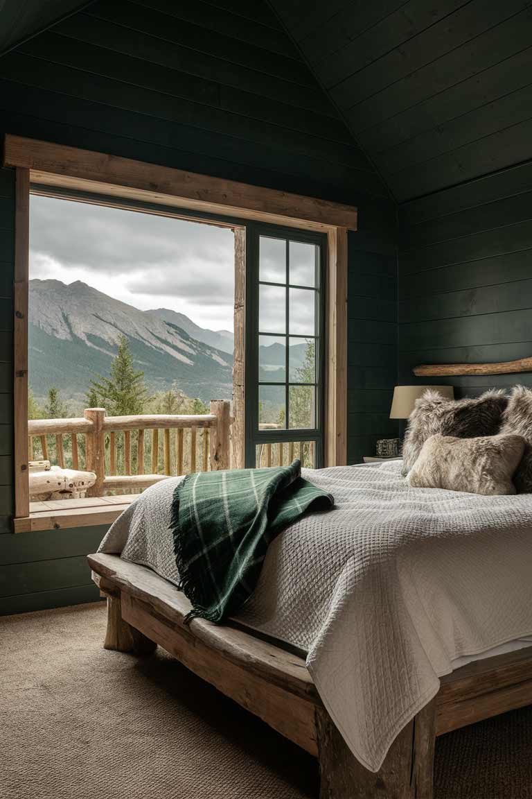 A tiny bedroom with dark green walls and a large window showcasing a mountain view. A wooden bed faces the window and features white bedding with a green plaid throw. Rustic wooden furniture and faux fur pillows complete the mountain retreat look.