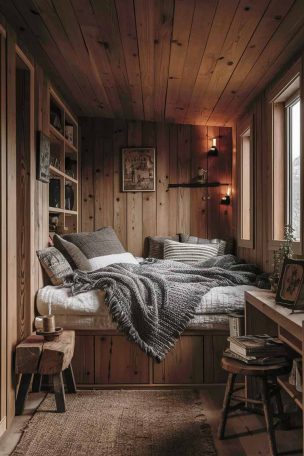 A rustictiny house bedroom. The room features warm wood paneling, a comfortable bed with layered textiles, clever storage solutions, and carefully chosen decor items. Soft, warm lighting illuminates the space, creating an inviting atmosphere that perfectly captures the essence of rustic small living.