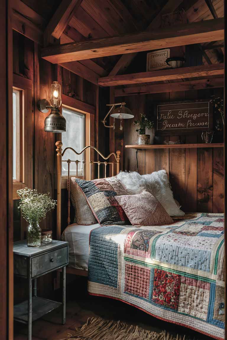 A cozy, rustic tiny house bedroom. The walls feature warm wood paneling with exposed beams on the ceiling. The bed has a vintage iron frame dressed in a patchwork quilt and fluffy pillows. A small wooden nightstand holds a mason jar with wildflowers. Vintage farmhouse decor, such as a galvanized metal lamp and a wooden sign, add to the country charm. The room is bathed in soft, warm light, creating a snug and inviting atmosphere.