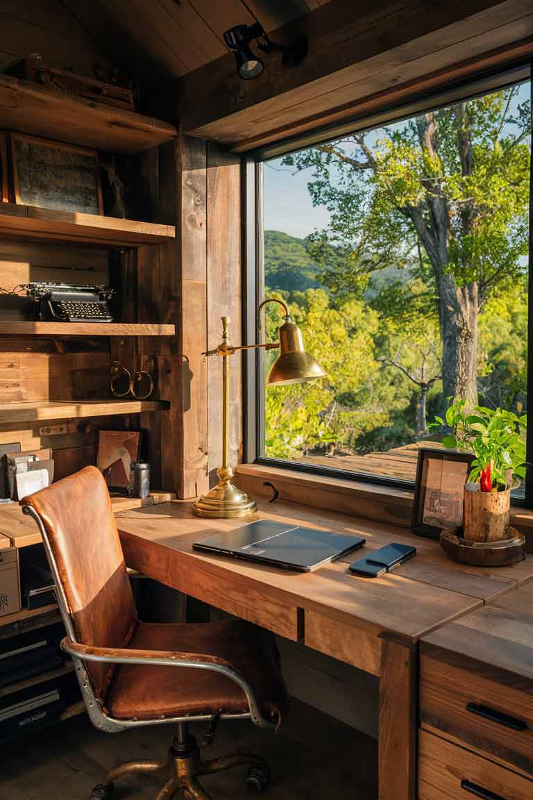 A compact home office area in a rustic tiny house featuring a wooden desk with a leather chair. Include shelves made from reclaimed wood, a vintage typewriter, and a brass desk lamp.