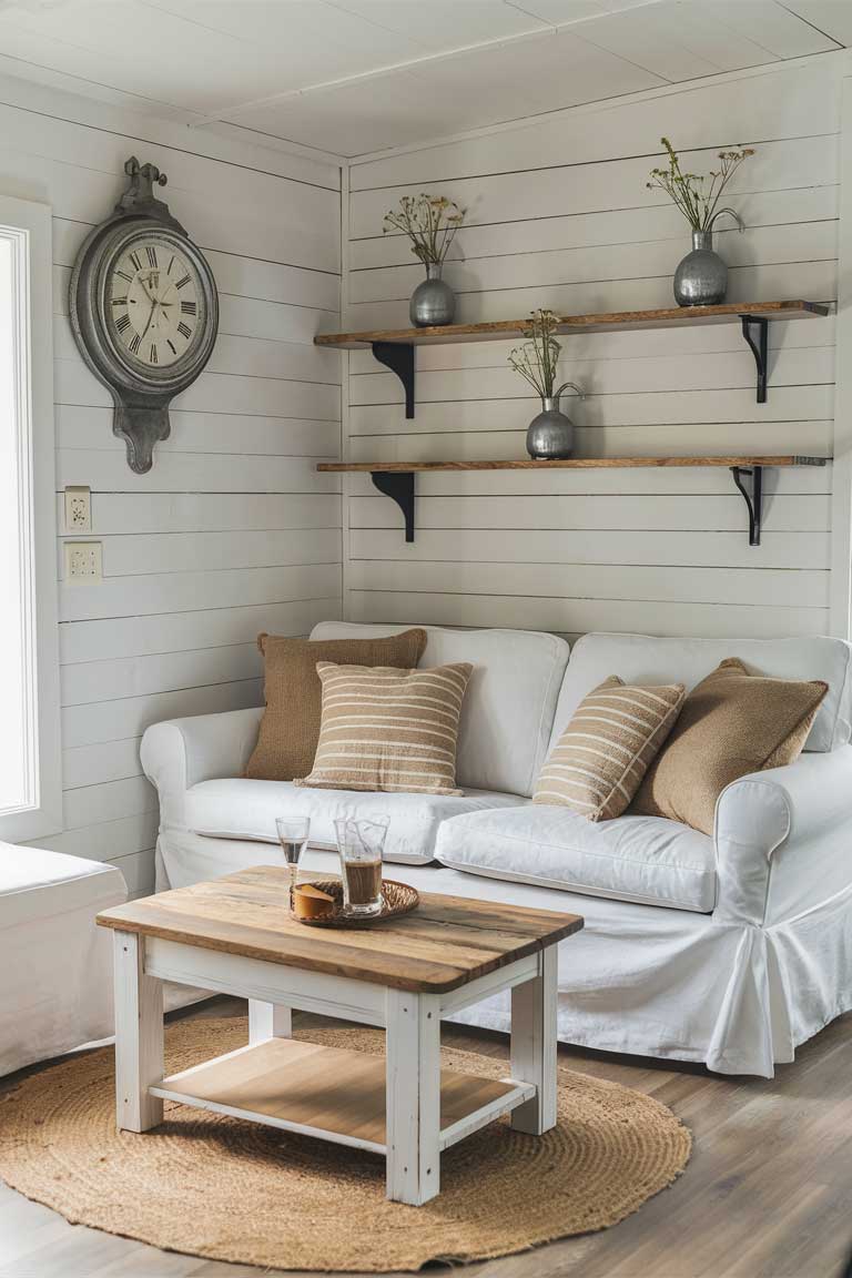 A rustic tiny living room with a farmhouse twist. The space features a small white slipcovered sofa with burlap and striped cotton pillows. A reclaimed wood coffee table sits atop a simple jute rug. On the wall, there's a vintage-style clock and a few floating shelves displaying galvanized metal vases with simple wildflowers. The overall color scheme is light and airy with touches of warm wood tones.