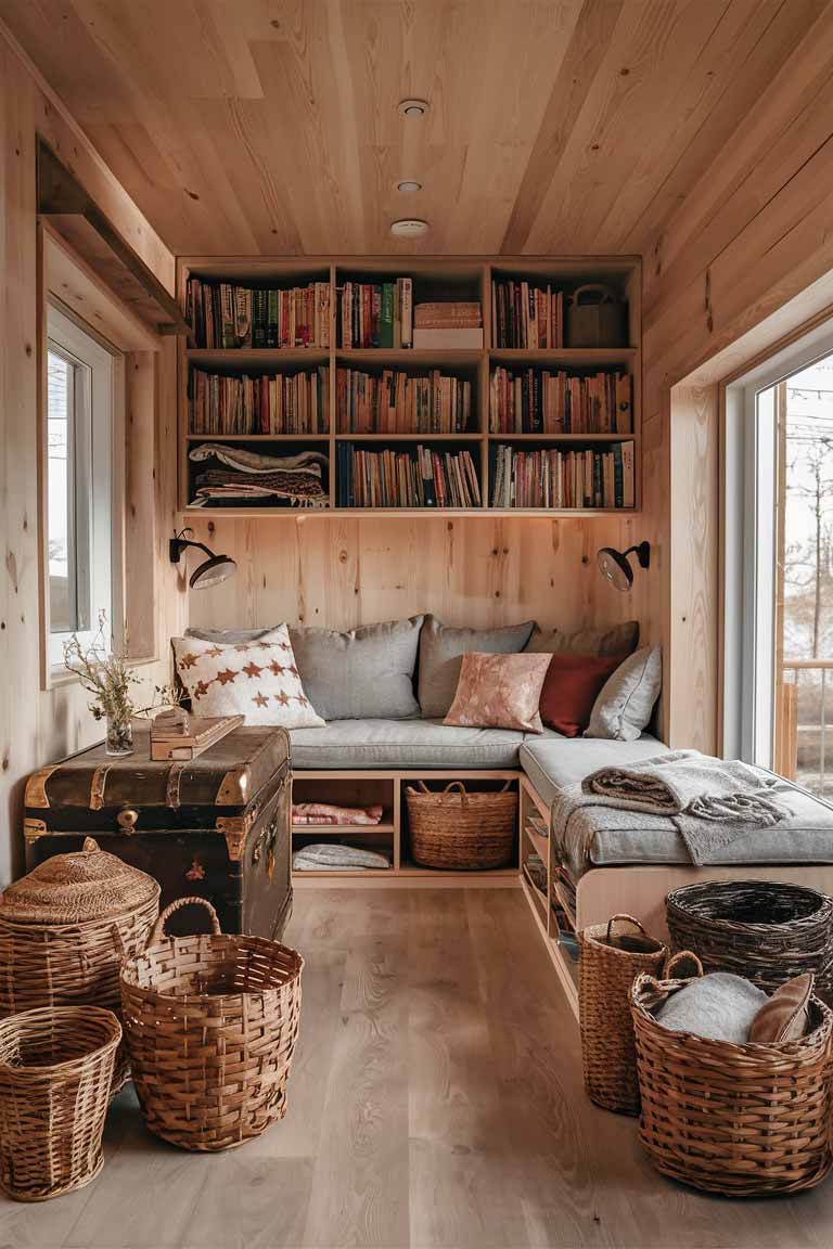 A corner of a rustic tiny living room showcasing clever storage solutions. The image features a built-in wooden bench with open storage compartments underneath, filled with neatly arranged books and blankets. Next to it is a vintage trunk used as a side table, and a collection of woven wicker baskets of various sizes storing different items. The warm wood tones and natural textures emphasize the rustic aesthetic.