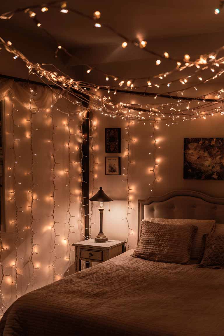 A small bedroom showcasing various ambient lighting options. Warm fairy lights are strung in a canopy effect above the bed. A small table lamp on a bedside table is equipped with a dimmer switch. The overall effect is a warm, inviting space with layered lighting options.